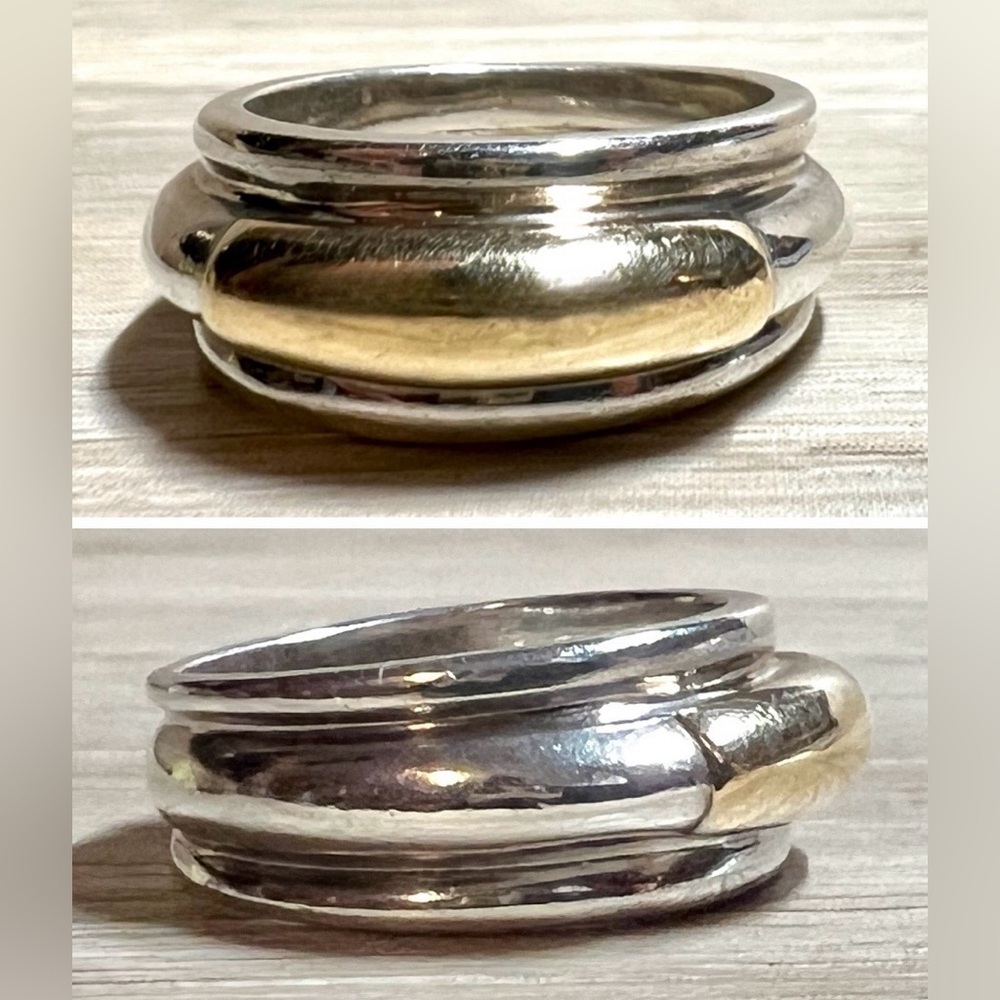 Vintage Designer Ilias Lalaounis Sterling Silver & 14K Gold Band Ring, Size 6.5